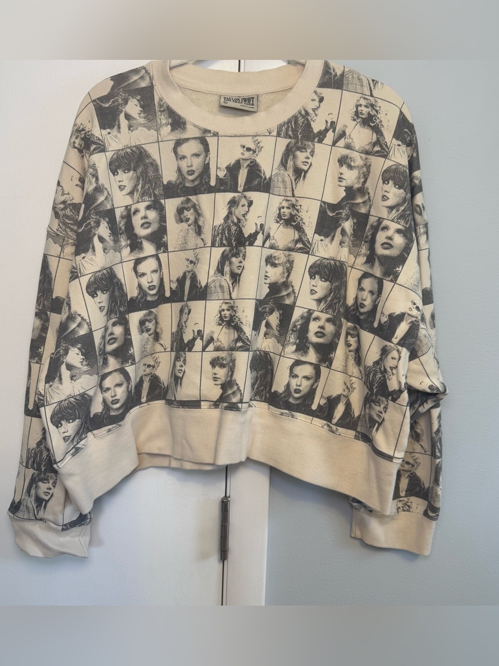 Taylor Swift Eras Tour Collage Graphic Cropped Sweatshirt - Cream & Black